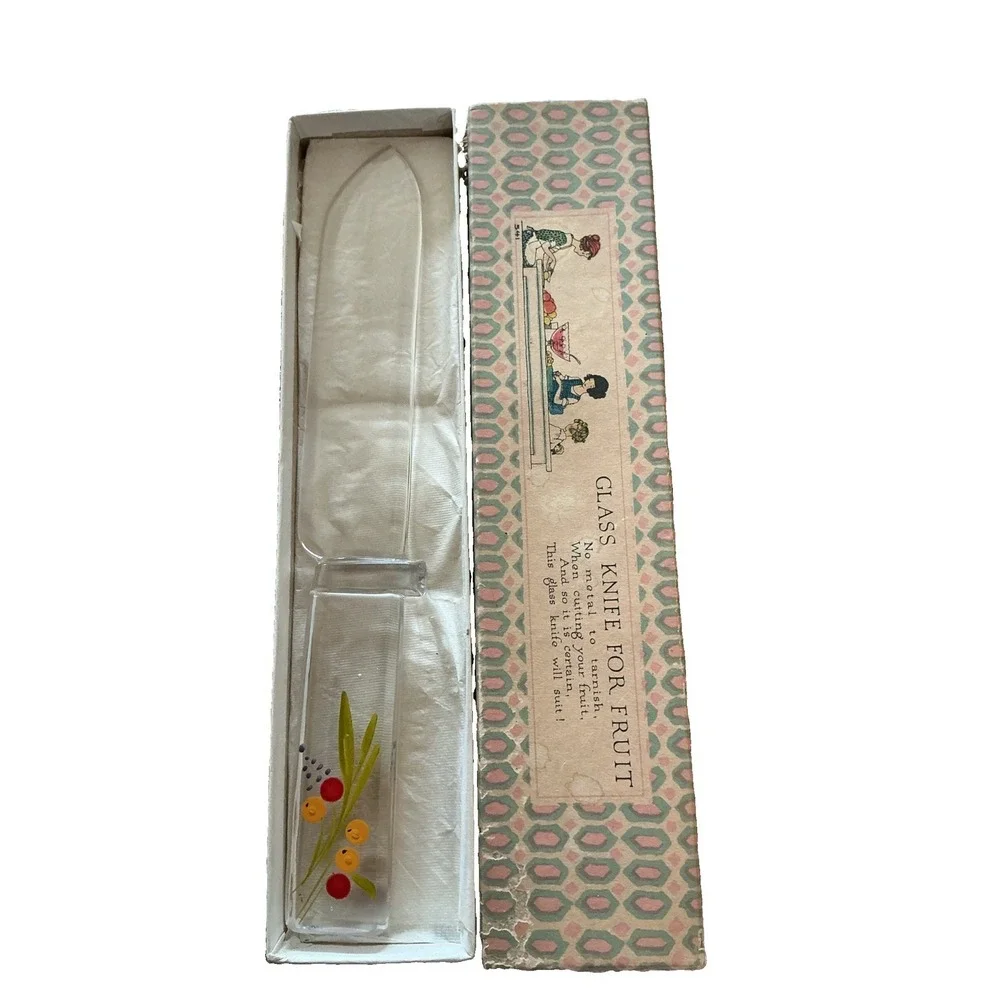Vintage Painted Fruit & Flowers Clear Glass Fruit/Cake Knife In Original Box